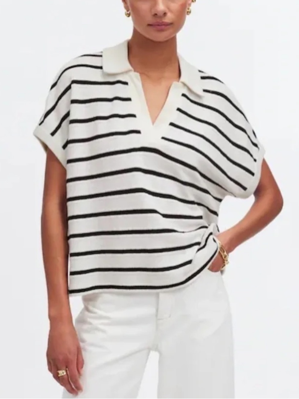 Women's Black & White Striped Knit Polo Top